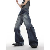 Threebooy Hip Hop Goth New Ripped Jeans for Men Retro Washed Baggy Jeans Patchwork Cut Flared Denim Pants Straight High Waist Streetwear